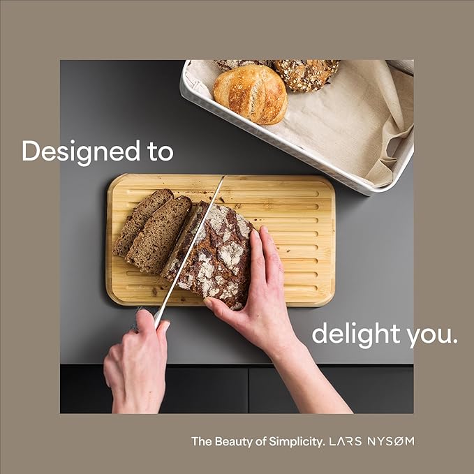 LARS NYSØM Bread Box I Metal Box with linen bag for long lasting freshness I Bread Bin with bamboo lid usable as cutting board I 13.4x7.3x5.3In (Blush Rose)