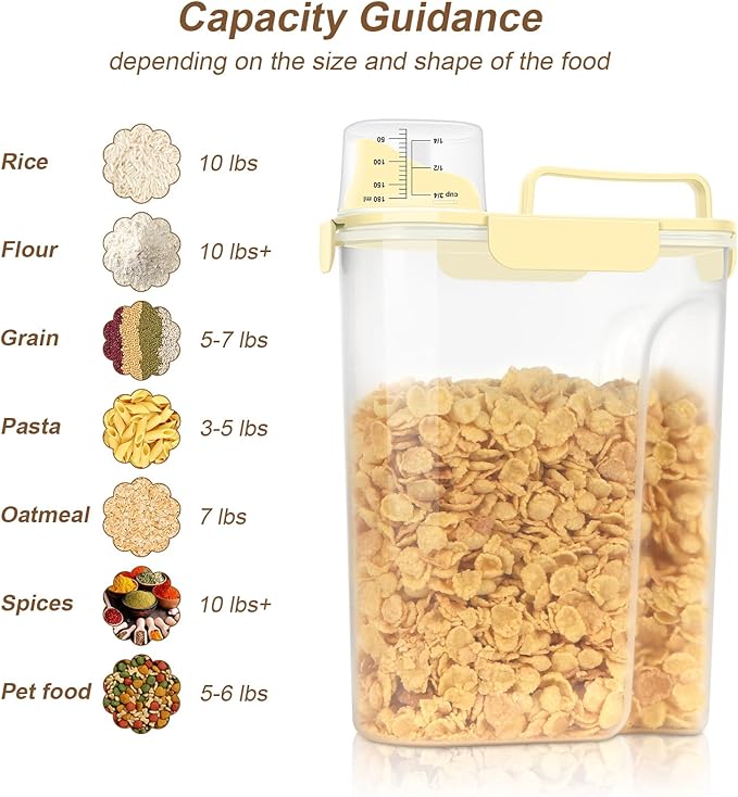 Airtight 10LBS Rice/Cereal/Dry Food Storage Container BPA Free, 5.28Qt Clear Plastic Kitchen and Pantry Organization Bin Suitable for Oats, Flour, Sugar, Pasta, Pet Food, etc (Egg Yolk)