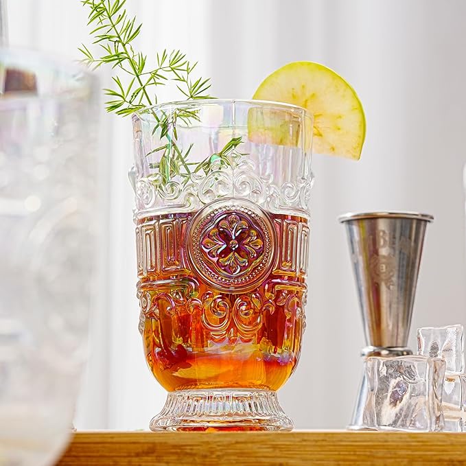 Sungmor Vintage Iridescent Tumblers - Set of 2 Embossed Glasses, 10.8 oz Decorative Drinking Cups for Water, Juice or Cocktails - Elegant Baroque Glassware for Party or Special Occasions