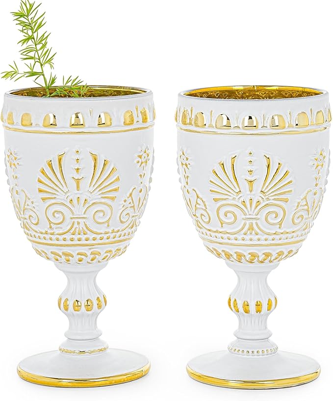 Sungmor Vintage White and Gold Wine Goblets - Set of 2 Embossed Glasses, 10 oz Decorative Drinking Glassware for Wine, Water or Cocktails - Baroque Stemware for Entertaining or Gifting