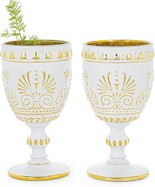 Sungmor Vintage White and Gold Wine Goblets - Set of 2 Embossed Glasses, 10 oz Decorative Drinking Glassware for Wine, Water or Cocktails - Baroque Stemware for Entertaining or Gifting
