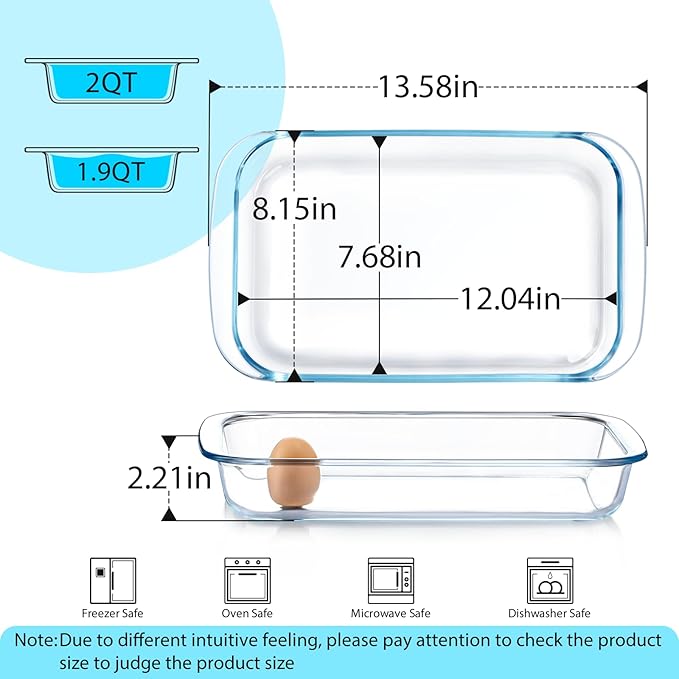 2 Quart Glass Baking Dish for Oven, Single Serving Glass Pan for Cooking Casserole Dish Rectangular Baking Pan Bakeware