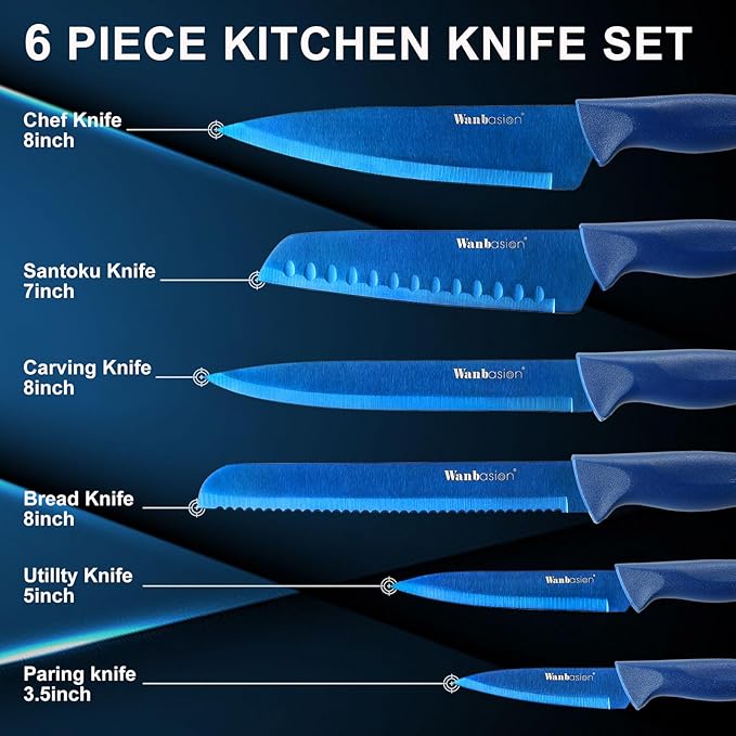Wanbasion Blue Stainless Steel Knife Set, Sharp Kitchen Knife Set Professional, Kitchen Knife Set Dishwasher Safe with Covers for Cooking