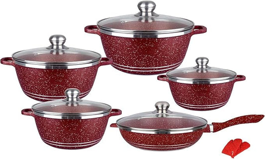 10-Piece Nonstick Granite Cookware Set, Marble Coated Aluminum Pots & Pans with Glass Lids, Includes Frying Pan, Saucepans, Stock Pot - Maroon Kitchen Essentials
