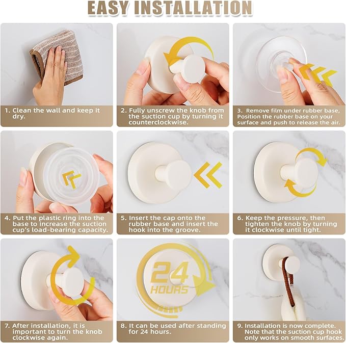 Suction Cup Hooks for Shower No-Drill Bathroom Hooks for Towels, Robes, Loofah Mountable on Bathroom Walls, Kitchen, Glass, Mirrors, Tile and Smooth,Non-Porous Surfaces (2, Milk White)