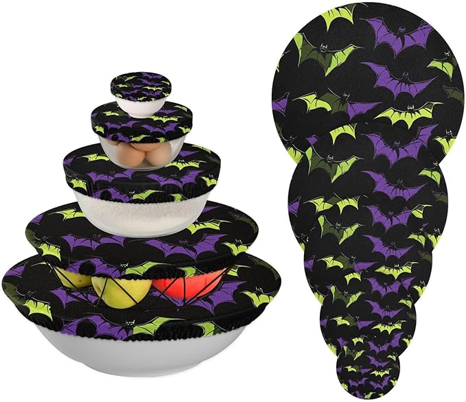 5 Pcs Bowl Covers Reusable in 5 Size Elastic Food Cover Cloth Lids Fresh Keeping Dish Cookware Bakeware Fabric Covers Lids for Food Leftovers Fruits Storage Halloween Bats