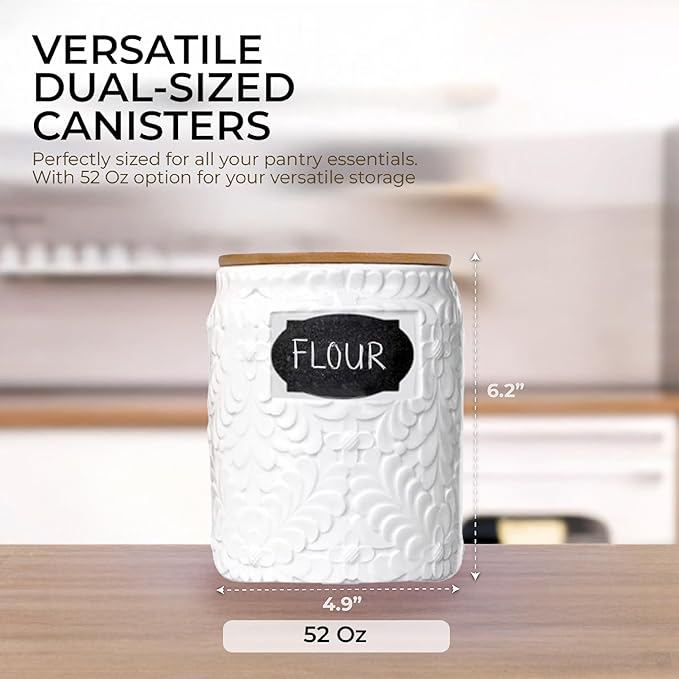 Ceramic Canister Set for the Kitchen Set of 2 - 94/52 Oz - Food Storage Containers, Airtight Bamboo Lid, Decorative Flour Sugar Coffee Canister, Food Container for Coffee, Flour, Sugar, Cookie Jar
