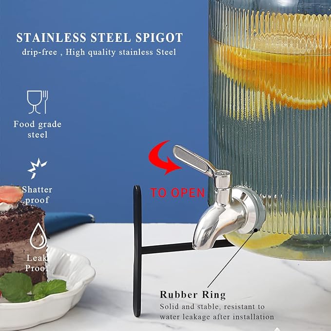 Berglander Glass Drink Dispenser for Fridge, 1 Gallon Beverage Dispenser with Leakproof Stainless Steel Spigot, Water, Laundry Detergent, Juice Dispenser for BBQ, Picnic, Parties and Events (Blue)