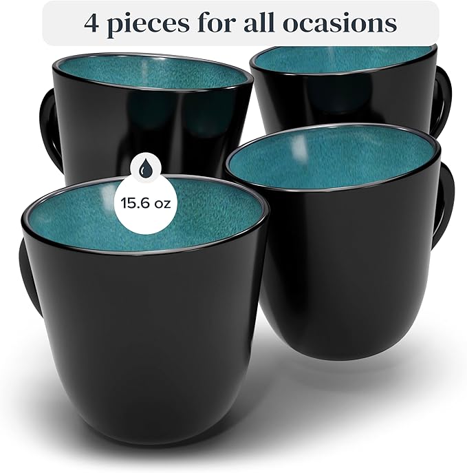 Stoneware coffee mugs set 4 pcs – 14.5 oz petrol blue ceramic cups – Dishwasher and microwave safe – Stylish modern coffee cup set – Dinner service Pure Living Interior Design