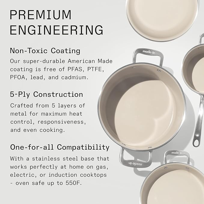 Made In Cookware - 7-Piece Ceramic Non Stick Pot and Pan Set (Stainless Handle) - 5-Ply Stainless Clad - Professional Cookware - Crafted in Italy - Induction Compatible