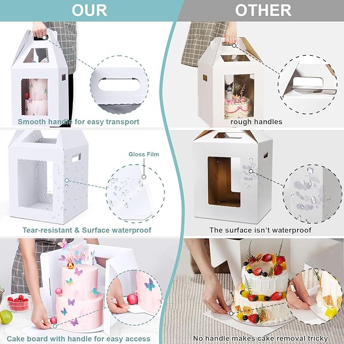 Tall Cake Boxes for Tier Cakes with Cake Boards 4 Pack 10x10x12 Inch Large Tiered Cake Carrier Containers with Window for Wedding Birthday Bakery
