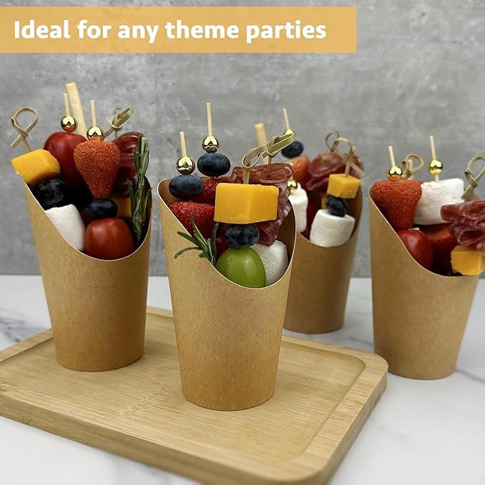 CAMKYDE 50 Sets Disposable Charcuterie Cups with Sticks and Bags, 12 oz Brown Kraft Paper Snack Appetizers Cup French Fry Holder with Cocktail Picks Toothpicks (50 Cups+50 Bags+200 Sticks)