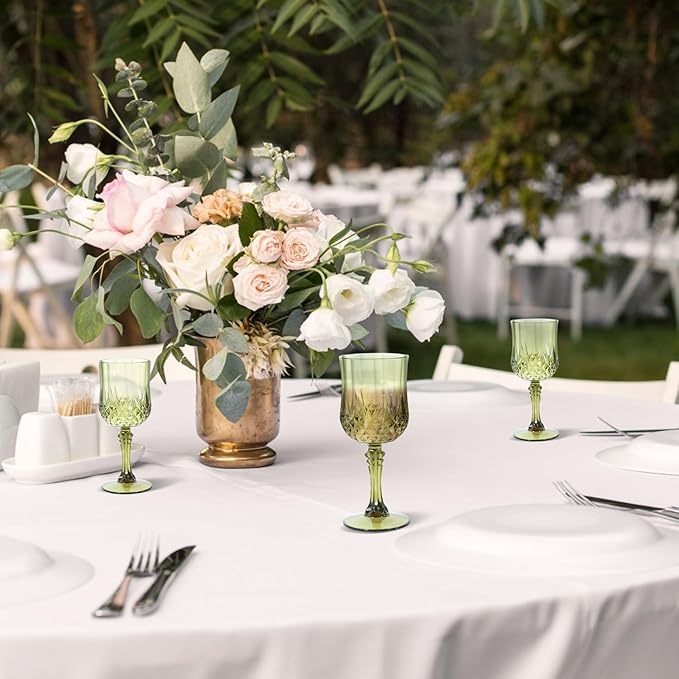 24 Pcs Plastic Green Wine Drinking Glasses, Plastic Water Goblets Green Vintage Reusable Drinkware Vintage Champagne glassware for Wedding Reception Grand Event Party, 7oz