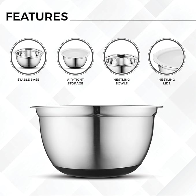 Avador Premium Stainless Steel Mixing Bowls with Lids Non-Slip, Set of 5 Mixing Bowl Set with Silicone Base, Space Saving, Great for Cooking, Baking, Prepping (0.25qt, 1qt, 1.5qt, 3qt, 5qt)