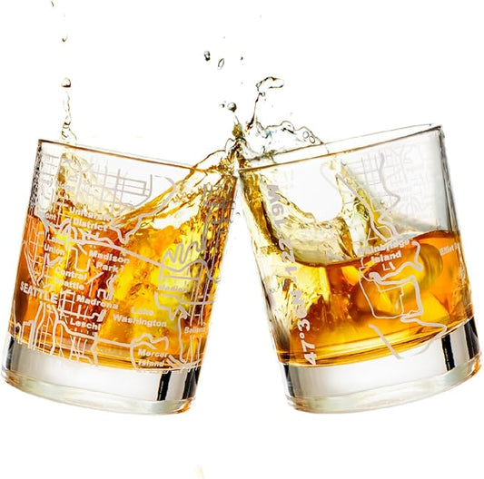 Greenline Goods Whiskey Glasses - 10 Oz Tumbler Set for Seattle lovers, Etched with Seattle Map | Old Fashioned Rocks Glass - Set of 2