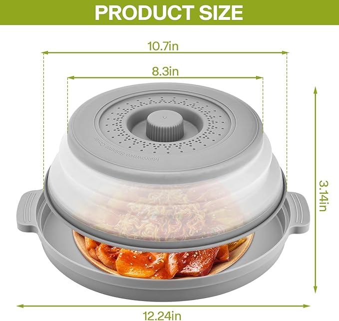 Microwave Splatter Cover for Food with Anti-scald Base Plate,Large Plastic & Silicone Vented Avoid Scalding Collapsible Guard Lid, Plate Holder & Kitchen Colander for Meal Prep-10.7 Inch (gray)