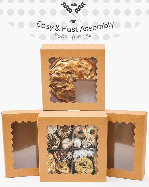 qiqee Auto-pop up Brown Pie Boxes with Window 10x10x2.5 inch 30Packs Cookie Donut Bakery Box