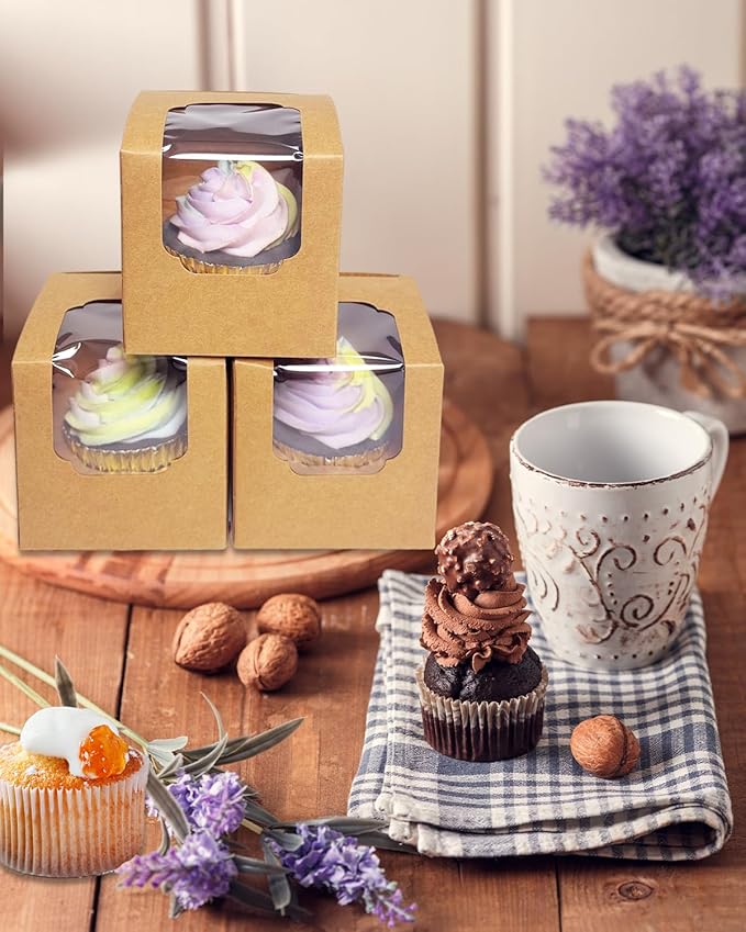 Bakepacker Auto-pop up Cupcake Boxes 30-Packs Individual Cupcake Container Brown 3.5" x 3.5" x 3.5" Single Cupcake Boxes