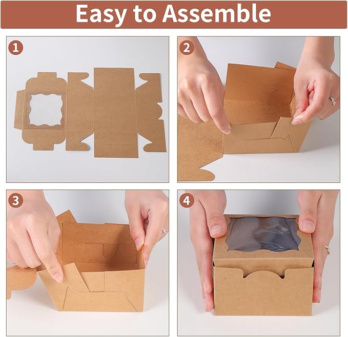 150pcs Brown Small Cake Box,4x4x2.5 Inch Bakery Boxes with Window,gift boxes bulk for Mini Cake Pastry Dessert Strawberries Chocolates Cupcakes with Stickers