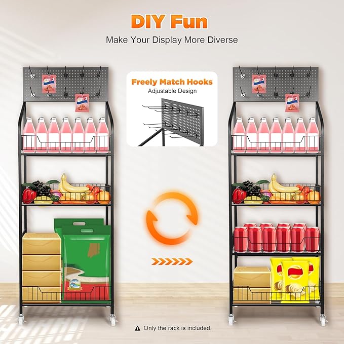 Retail Display Rack 4-Tier Market Merchandise Display Shelf with Wheels and 10 Hooks Metal Display Snack Metal Wire Shelving Movie Theater Candy Rack with Wheels for Home Store Market