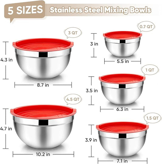 TeamFar Mixing Bowls, 4.5/3/1.5/1/0.7 QT, Stainless Steel Metal Nesting Salad Bowl with Lid Set, Ideal for Mixing Serving, Non-Toxic & Sturdy, Airtight Lid & Easy Clean, Red-Set of 5