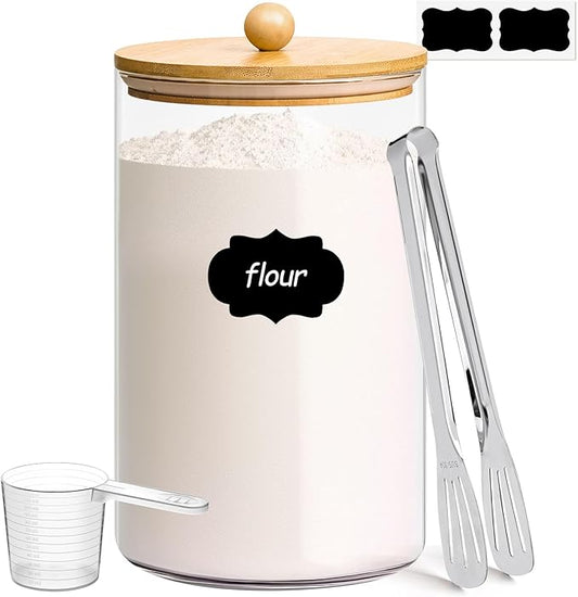 ComSaf 1 Gallon Glass Jar, 3.9 Qt Flour Container, Large Glass Canister with Lid, Food Storage Pantry with Spoon and Clip for Sugar, Oat, Rice, Beans, Pasta, Coffee, Grain