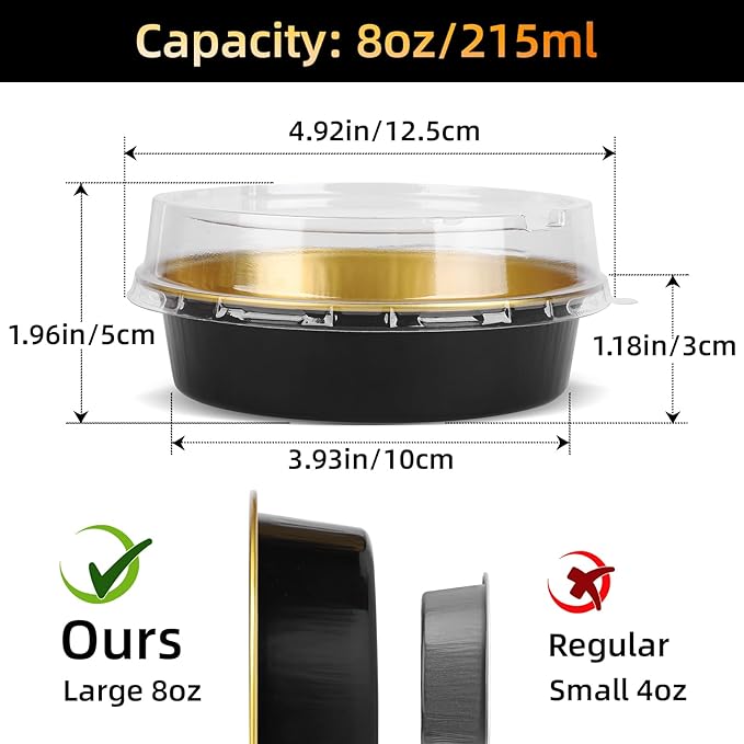 Beasea Disposable Creme Brulee Ramekins with Lids, 120 Pack 4 Inch 8oz Mini Pie Tins Black Gold Mini Small Aluminum Foil Pie Tart Cake Baking Pans Individual Round Containers Oven Safe for Baking