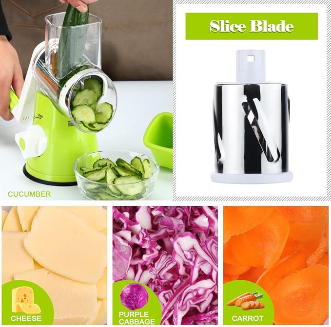 Ourokhome Rotary Cheese Grater Hand Crank, Kitchen Shredder Speed Mandolin Slicer Nut Grinder with Handle and Drum Blades for Cheese, Vegetable, Walnut, Chocolate, Potato, Carrot, 3 Blades, Green