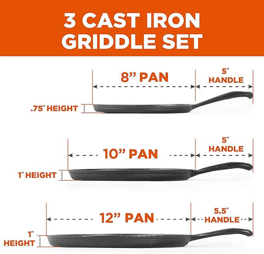 Commercial CHEF Round Cast Iron Griddle Pan 3-Piece Set – 8-inch, 10-inch, and 12-inch - Pre-seasoned Griddle Cast Iron Cookware