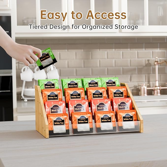 NiHome 4 Layer Tea Bag Organizer, Bamboo & Plastic Tea Storage Holder Organizer, 4-Tier Design Offering Quick and Easy Access, Clear Dividers & Large Capacity, Easy to Assembly