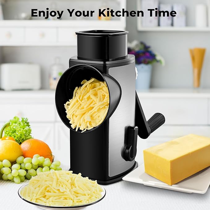 SUSTEAS Rotary Cheese Grater with Handle, Kitchen Mandoline Vegetable Slicer with 5 Interchangeable Blades, Easy to Clean, Strong Suction, Grater Slicer for Fruit, Vegetables, Nuts, with Storage Case