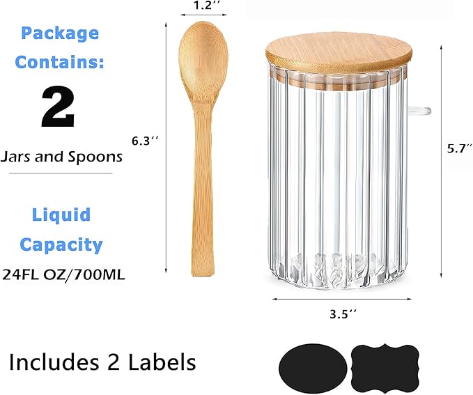 24 FL OZ Airtight Glass Jars with Bamboo Spoons Lids Overnight Oats Container Decorative Coffee Bar Food Storage Jar Cereal Nuts Salts Coffee Tea Flour Sugar Container Spice Jars (2Pack)