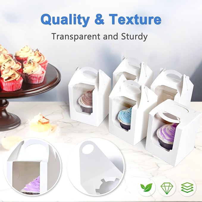 Cupcake Boxes 100 Pcs, Individual Cupcake Carrier White with Window Insert and Handle Pastry Containers Single Muffins Container for Bakery Wrapping Party Favor Packing