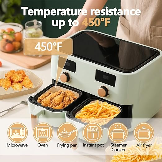 150 Pack 8.6x5.5" Air Fryer Liners, Parchment Paper Sheets For Ninja DZ201/DZ401 Dual Basket, Non-Stick, Disposable, Unbleached, Heat Resistant, Fits 3-6 QT Air Fryers, Oil-Free & Healthy Cooking.