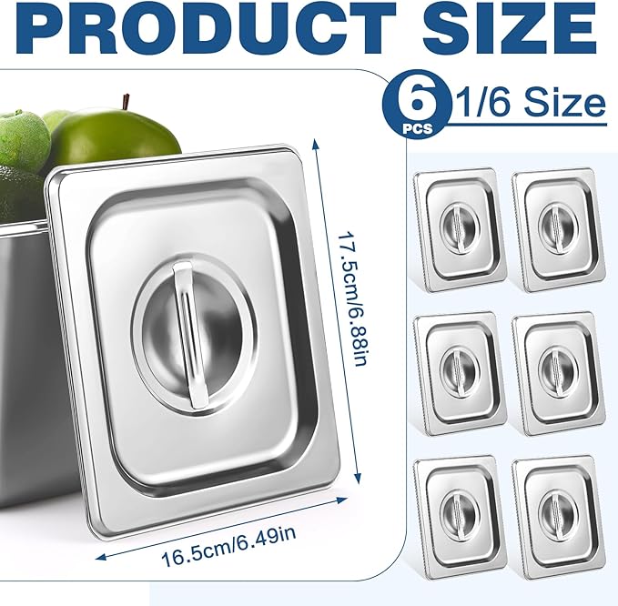6 Pcs Notched Hotel Pan Cover Stainless Steel 1/6 Size Food Pan Lids with Handle Steam Pan Covers for Restaurant Hotel Commercial Food Storage Containers Covers