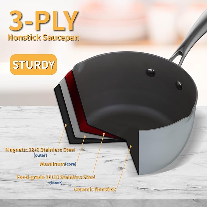 Ceramic Nonstick Tri-Ply Stainless Steel Sauce Pan with Steamer,2.5 Quart Small Multipurpose Pot with Pour Spout,Strainer Glass Lid, 2qt Saucepan for Cooking with Stay-cool Handle,Grey