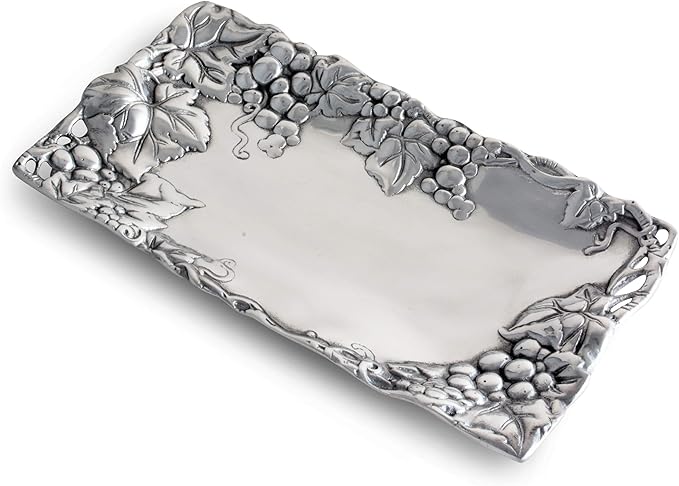 Arthur Court Metal Bread Serving Tray Grape Pattern Sand Casted in Aluminum with Artisan Quality Hand Polished Design Tarnish-Free 6 inch x 12 inch