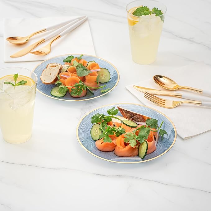 Restaurantware Plastic Plates 20 Pcs 7.25" Gold Rimmed Disposable Plates Heavy-Duty Blue Translucent Rippled Plastic Dinner Servers for Party, Weddings, Salads, Desserts, and Appetizers