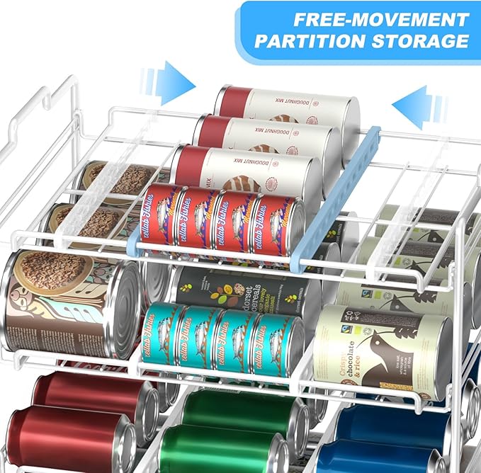 4 Tiers Stackable Can Rack Organizer, Wear-resistant Upgrade Beverage Food Can Dispenser Holder Holds up to 48 Cans for Kitchen Cabinet and Pantry (White)