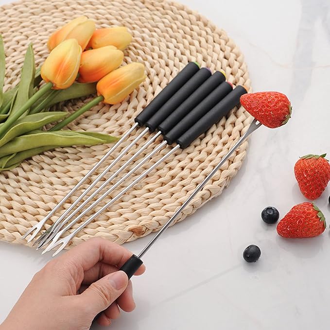 6PCS Stainless Steel Fondue Forks, Fondue Sticks, Smore Sticks with Heatproof Handle for Chocolate Fountain Cheese Roast Marshmallows Dessert Fruits
