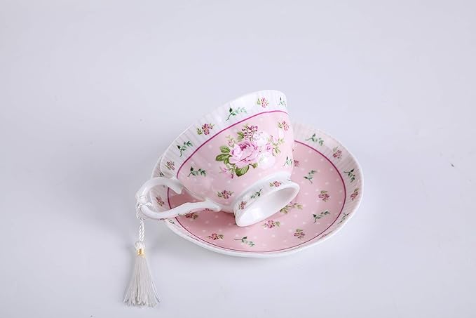 London Boutique Coffee Tea Cup and Saucer Set 4 Shabby Chic Vintage Porcelain Bird Butterfly Flora Gift Box 7.5OZ (Rose Pink)