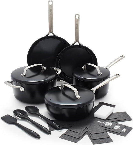 GreenPan GP5 Hard Anodized Healthy Ceramic Nonstick 14 Piece Cookware Pots & Pans Set, Heavy Gauge Scratch Resistant, Stay-Flat-Surface, Induction, Oven Safe, PFAS-Free, Black