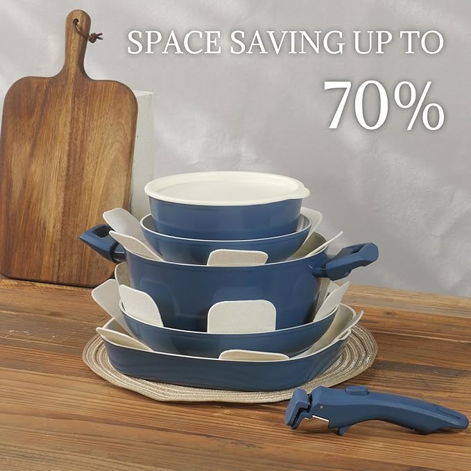 23Pcs Ceramic Cookware Set Non Stick Pots and Pans Set Non Toxic with Detachable Handle Induction Kitchen Cookware Set Space Saving, Oven & Dishwasher Safe, Navy