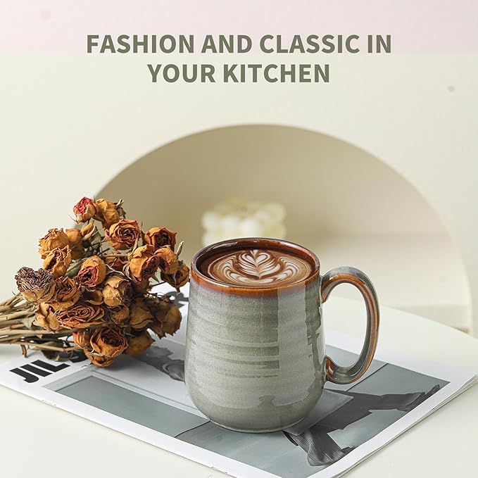 Hasense 12 oz Coffee Mugs, Ceramic Coffee Cups Set of 6, Stoneware Latte Mug with Large Handle for Coffee, Tea, Milk and Chocolate, Easy Hold & Clean, Dishwasher & Microwave Safe, Light Grey