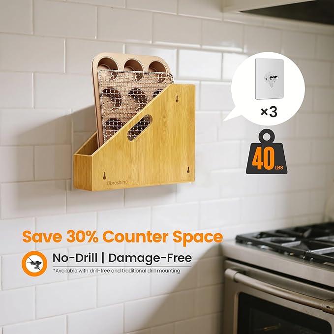 Slim Bamboo Storage Bin with Handles – Heavy-Duty Organizer for Pans, Lids, Cutting Boards, Snacks & More | Open-Front & No-Drill Wall Mount | Kitchen, Pantry, Bathroom & Office Use