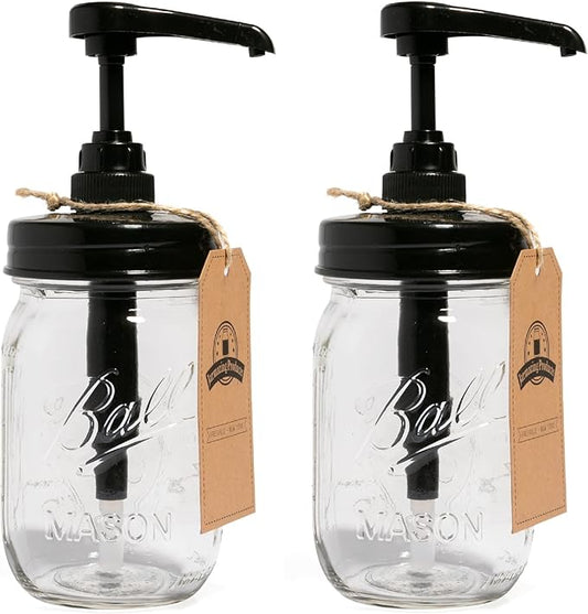 Jarmazing Products Mason Jar Syrup Dispenser - Set of 2 – 16 oz Ball Jars with Rust-Proof, Leak-Proof, Food Grade Pumps for Honey, Syrups, Condiments, Salad Dressings and More