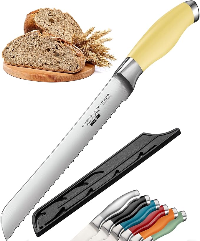 Orblue Serrated Bread Knife Ultra-Sharp Stainless Steel Professional Grade Bread Cutter - Cuts Thick Loaves Effortlessly - (8-Inch Blade with 5-Inch Handle), Yellow