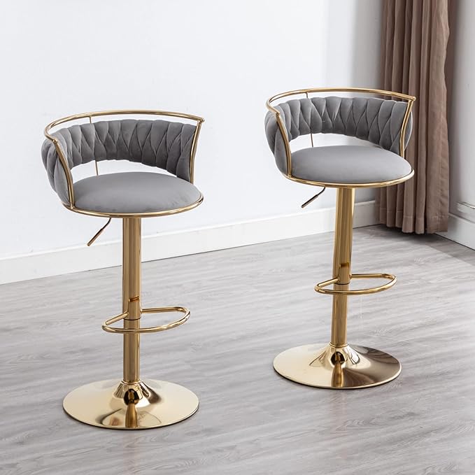 LukeAlon Modern Velvet Adjustable Barstools Set of 2, 360° Swivel Counter Stools with Golden Base Upholstered Open Back Tall Bar Chairs with Footrest for Home Pub Kitchen, Grey