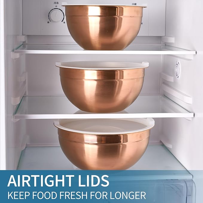 Rose Gold Mixing Bowls With Airtight Lids,Stainless Steel Bowl,Salad Bowls 7 Piece Colorful Nesting Bowl Rose Gold Kitchen Accessories,Size 7,3.6,2.7,2.1,1.5,1.1,0.8QT Stackable Design