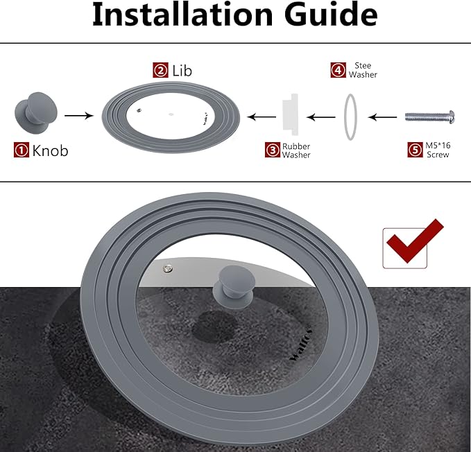 Universal Lid for Pots, Pans and Skillets - Walfos Tempered Glass Pan Lid with Heat Resistant Silicone Rim, BPA Free Large Pot Lids Fits 8" to 12" Diameter Cookware, Dishwasher-Safe, Grey